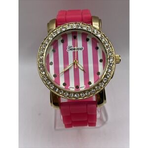 Geneva Women's Watch Gold Rhinestone Bezel Pink Silicone Band- New Battery